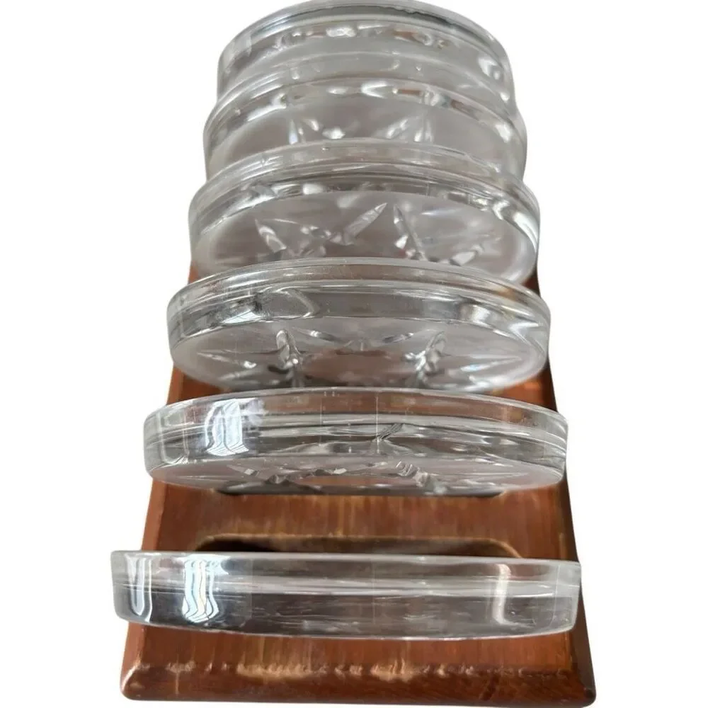 Set Of 6 Vintage Glass Drink Coasters In Wooden Holder